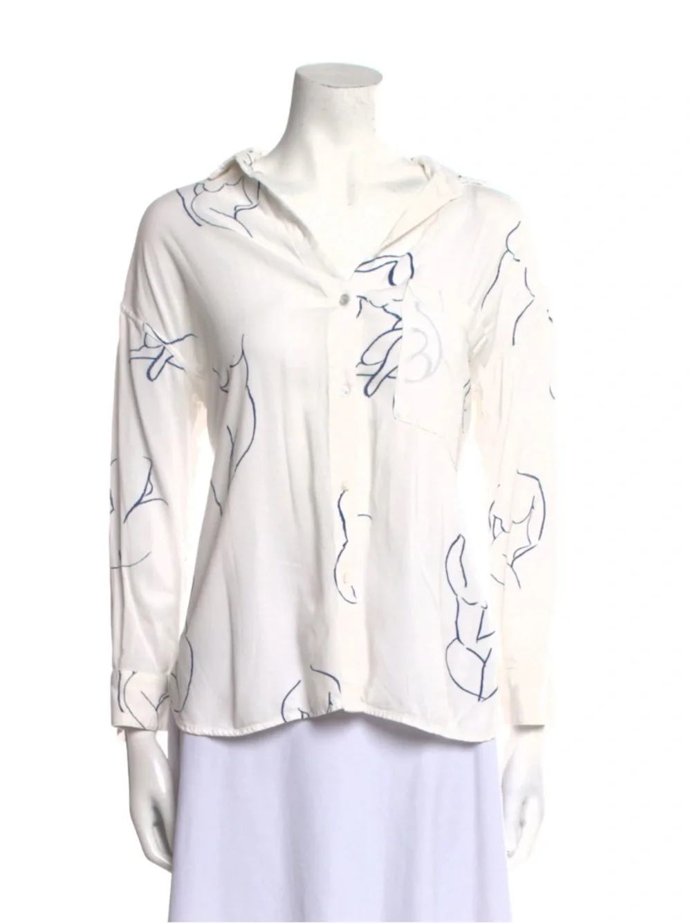NWT PALOMA WOOL WOMENS LEANDRA BUTTON-UP BLOUSE, SIZE OS (MEDIUM), WHITE/BLUE - Picture 4 of 14